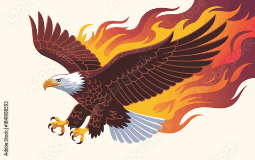 Majestic bald eagle soaring through vibrant flames creating a powerful dynamic visual spectacle