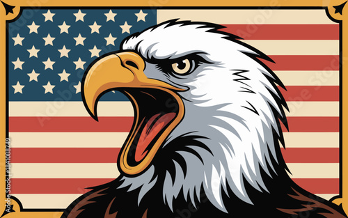 Screaming bald eagle head with piercing eyes framed by the vibrant American flag design background