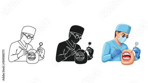 Dentist performing dental examination a patients mouth model, shown in outline, silhouette, and full color vector styles