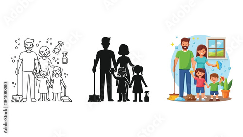Family cleaning together set outline, silhouette and color illustration of parents and children with cleaning supplies