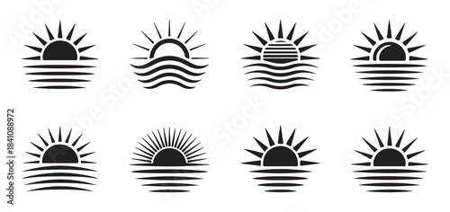 Set of black sun and sea icons, sunrise and sunset symbols, summer sunrise logo, creative sun vector illustration