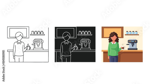 Barista serving coffee behind counter in cafe or coffee shop in different styles line art, silhouette and color illustration