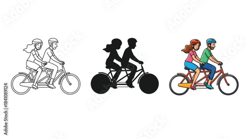 Couple riding a tandem bicycle in three styles outline, silhouette and full color illustration
