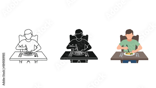 Person sitting at a table eating a meal with chopsticks, set of three icons in outline, solid and color styles