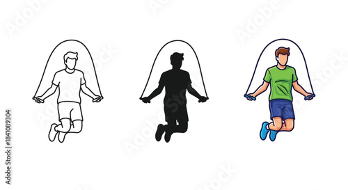 Set of three illustrations of a man jumping rope outline, silhouette and full color icon for fitness and exercise concept