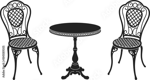 Ornate wrought iron cafe table and two chairs silhouette, antique bistro furniture vector illustration, isolated