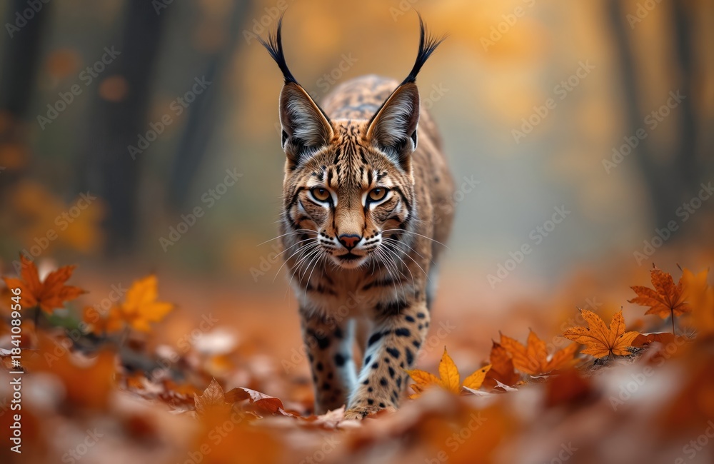 Naklejka premium Iberian lynx walks on forest path covered with autumn leaves. Spotted cat with tufted ears moves slowly among orange maple foliage. Wild predator prowls through woodland during fall season.
