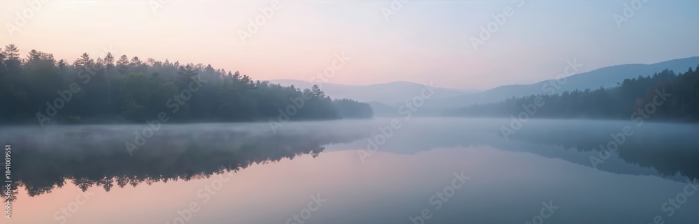 Fototapeta premium Calm lake reflects trees and mountains at dawn. Morning mist blankets water surface. Soft pink and blue sky colors serene wilderness landscape. Peaceful nature scene.