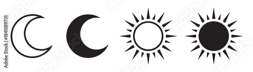 Moon and sun icons set vector black, line art, and silhouette style for astrology and weather applications