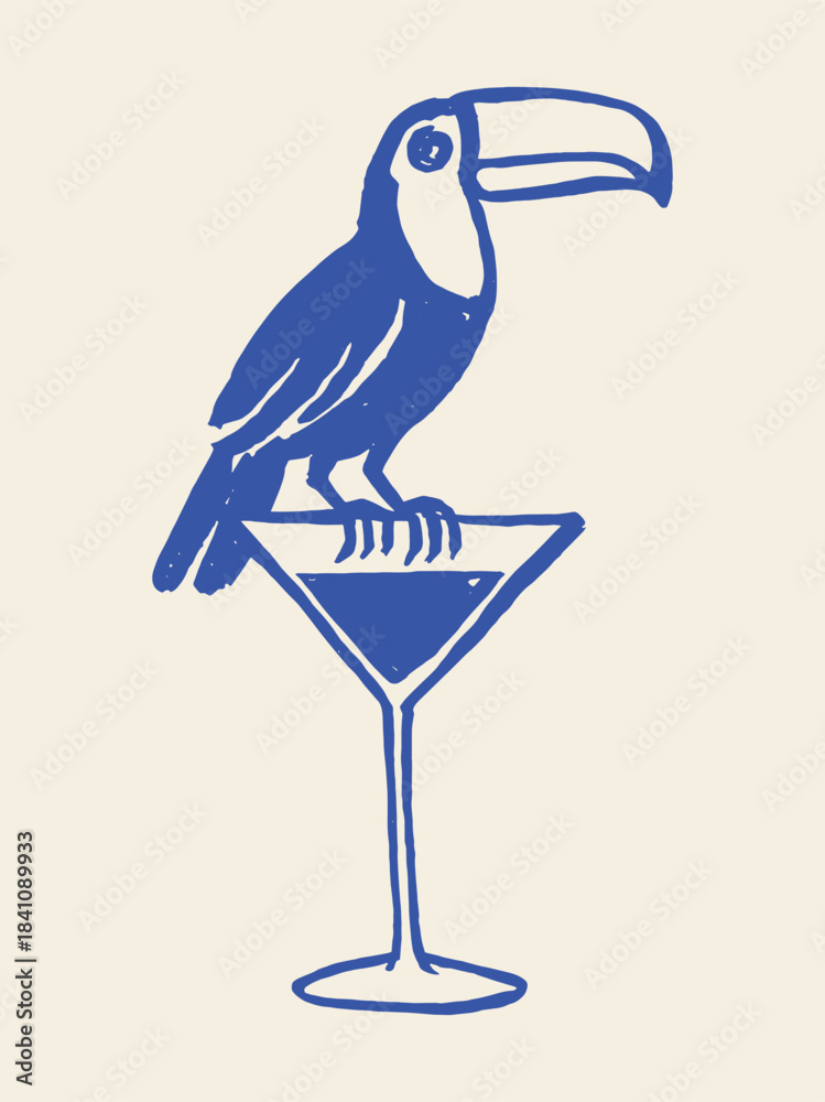 Fototapeta premium Toucan on cocktail glass naive sketch vector illustration