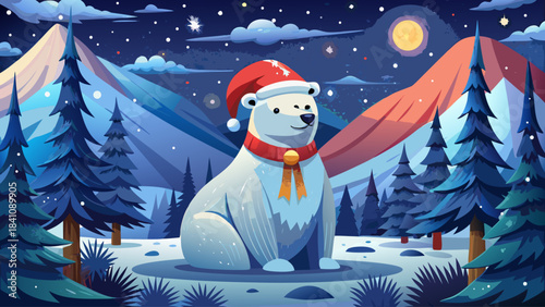 A majestic polar bear wearing a festive Santa hat sitting peacefully in a snow-covered forest beneath a sparkling starry night sky, creating a magical winter atmosphere full of holiday charm 