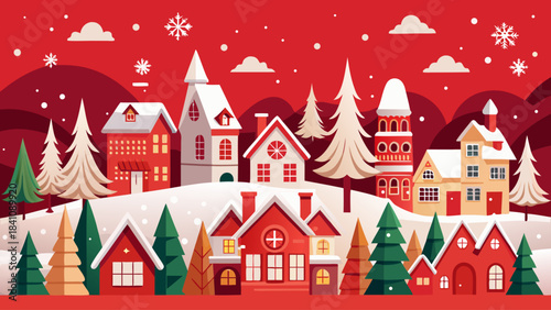 Winter festive border design depicting a white Christmas village with snowy fir trees, snowflakes floating in a bright red sky, presented in a clean vector style for holiday themes