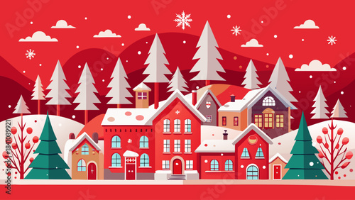 Winter festive border design depicting a white Christmas village with snowy fir trees, snowflakes floating in a bright red sky, presented in a clean vector style for holiday themes