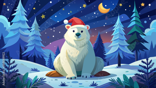 A regal polar bear with a bright Santa hat resting in a snowy forest clearing under a glittering star-filled night sky, capturing the enchanting spirit of winter and Christmas fantasy