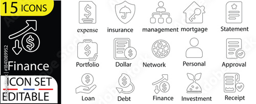 Personal finance icon set.Finance, Money, Banking, Investment, Budget, Savings, Economy, Business, Planning, Loan  and more. Solid vector icons collection.

