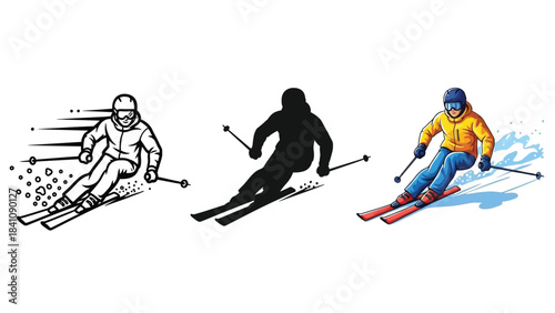 Set of three different styles of a skier downhill skiing illustration line art with motion, solid silhouette and colorful watercolor style