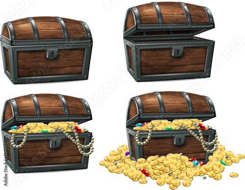 A set of four antique wooden chests, two of which are filled with treasures. Highly realistic illustration.