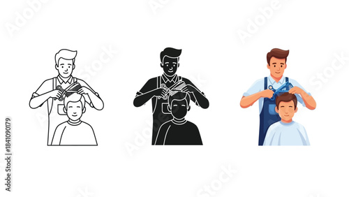 Set of three icons representing a barber cutting a clients hair in different styles outline, silhouette and full color illustration