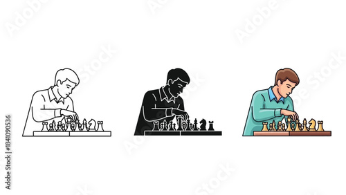 Man playing chess, focused board, shown in outline, silhouette and color vector styles