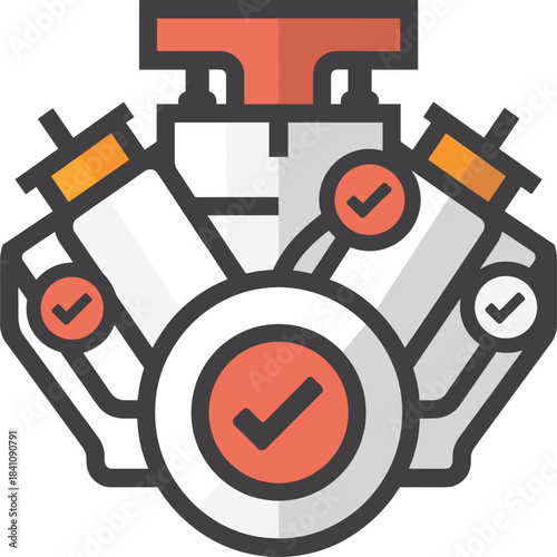 Flat icon of aV-engine with checkmarks indicating approval or completion motor mechanical