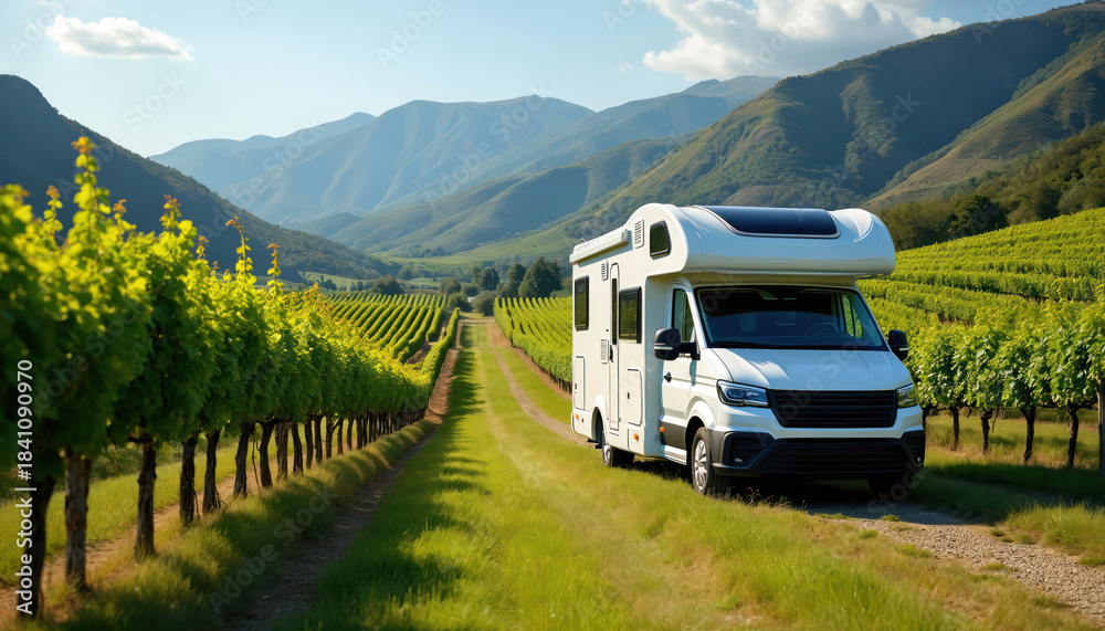 Obraz premium Luxury camper van journeys through vineyard hills, offering peaceful escape in green grapevine rows. Scenic mountains form backdrop for this idyllic countryside road trip.