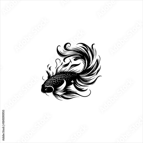 Koi fish silhouette arranged as a smooth black vector emblem design. Aquatic icon concept