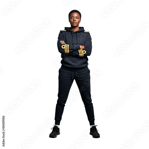 Woman in dark blue captain's hoodie and sweatpants, arms crossed