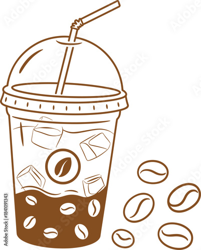 Line art illustration of an iced coffee in a plastic cup with coffee beans drink beverage