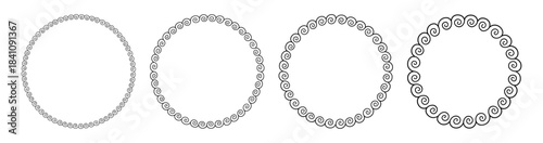 Greek doodle circle frame. Hand drawn roman round frame. Greek or Roman ancient motif border design. Ancient ornament circle element. Vector illustration isolated on white background.