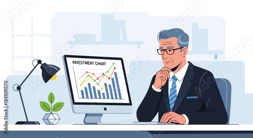 Illustration of thoughtful businessman analyzing an investment chart on a computer screen, evaluating financial data and market trends in a modern office setting