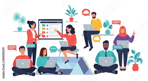 Illustration of diverse group of people collaborating on projects, working on laptops in a modern coworking space, discussing tasks and ideas