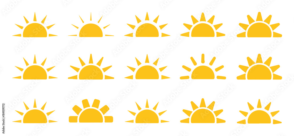 Obraz premium Sunrise sun solid vector icon set. yellow sun simple symbol collection. morning sun concept illustration