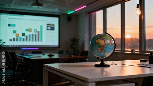 Modern office meeting room with globe and data analytics presentation at sunset