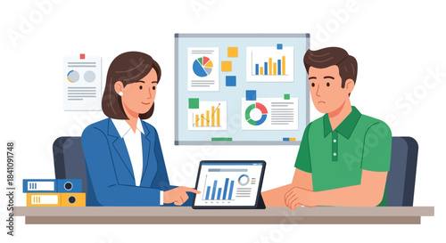 Illustration of business colleagues discussing financial data and market trends on a tablet during a meeting, with charts on a whiteboard