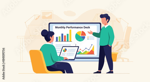 Illustration of man presenting a monthly performance deck with charts and graphs on a large screen to a colleague using a laptop