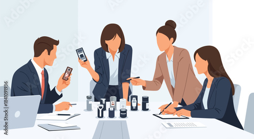 Illustration of business professionals discussing mobile devices and product strategy during a corporate meeting in a modern office environment