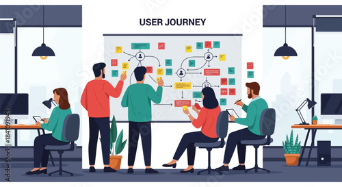 Illustration of business team collaborating on a user journey map in a modern office setting, analyzing customer experience and strategic development