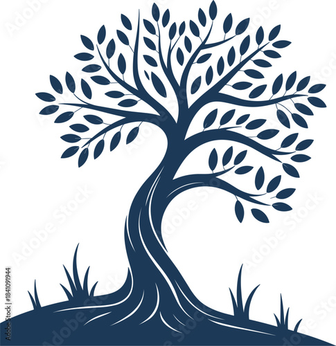 Silhouette of a stylized dark blue tree with spreading branches and leaves vector illustration