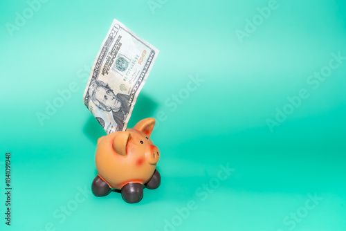 A twenty dollar bill is placed inside a piggy bank. This image represents financial planning and savings goals.
