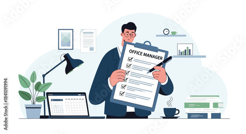 Illustration of office manager completing a checklist on a clipboard at a desk with a laptop, illustrating administrative tasks, isolated on