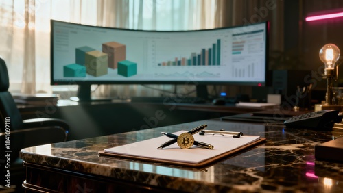 Modern office setup with Bitcoin and financial charts on large screen