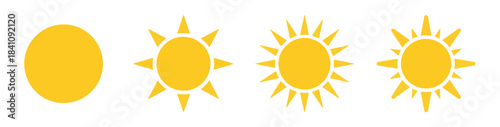 Set of four distinct sun vector icons representing summer heat, sunny days, and illumination over white background