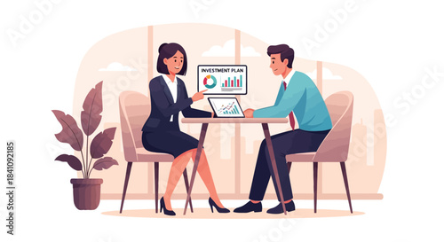 Illustration of business colleagues analyzing financial data and growth charts on a tablet and screen during a meeting in an office setting