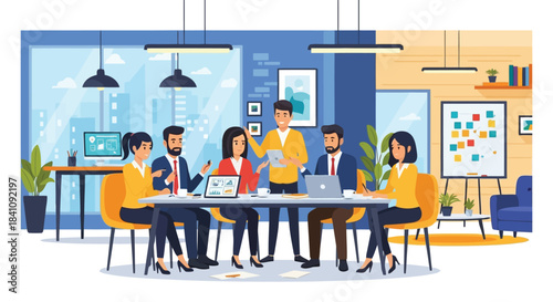 Illustration of diverse business team collaborating and discussing project strategies in a modern office meeting room with laptops and charts