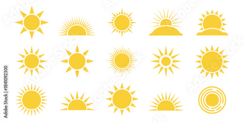 Large set of fifteen sun vector icons including rising sun, full sun, and abstract sun symbols for various uses