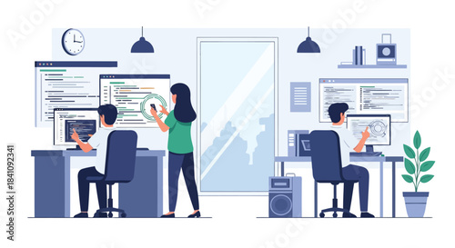 Illustration of software developers working in a modern office environment, programming and coding on computers, with one woman checking her phone