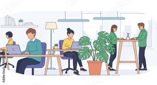 Illustration of diverse business people working in a modern openplan office, collaborating and using laptops at desks and standing workstations