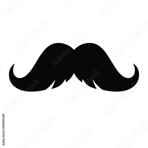 A black silhouette of a mustache with a classic handlebar style against a clean white background.