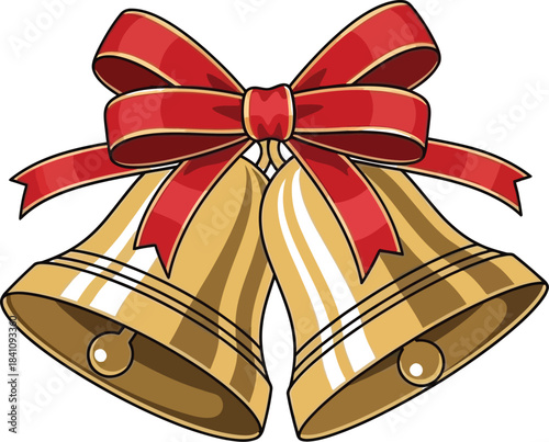 Two golden christmas bells with a red ribbon bow on a white holiday background