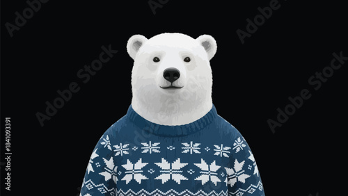 Polar bear wearing a blue christmas sweater against a solid black background shot